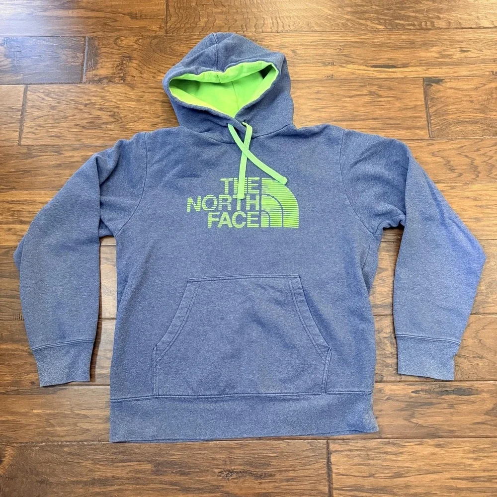 The North Face Hoodie Mens Medium Blue Pullover Fleece Big Logo Kangaroo Pocket